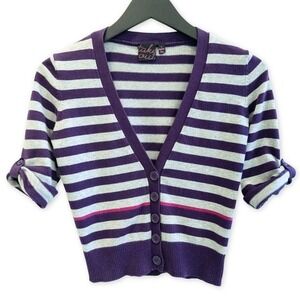 Take Out Girls Striped Cropped Cardigan Sweater Size L Purple Gray Pink
